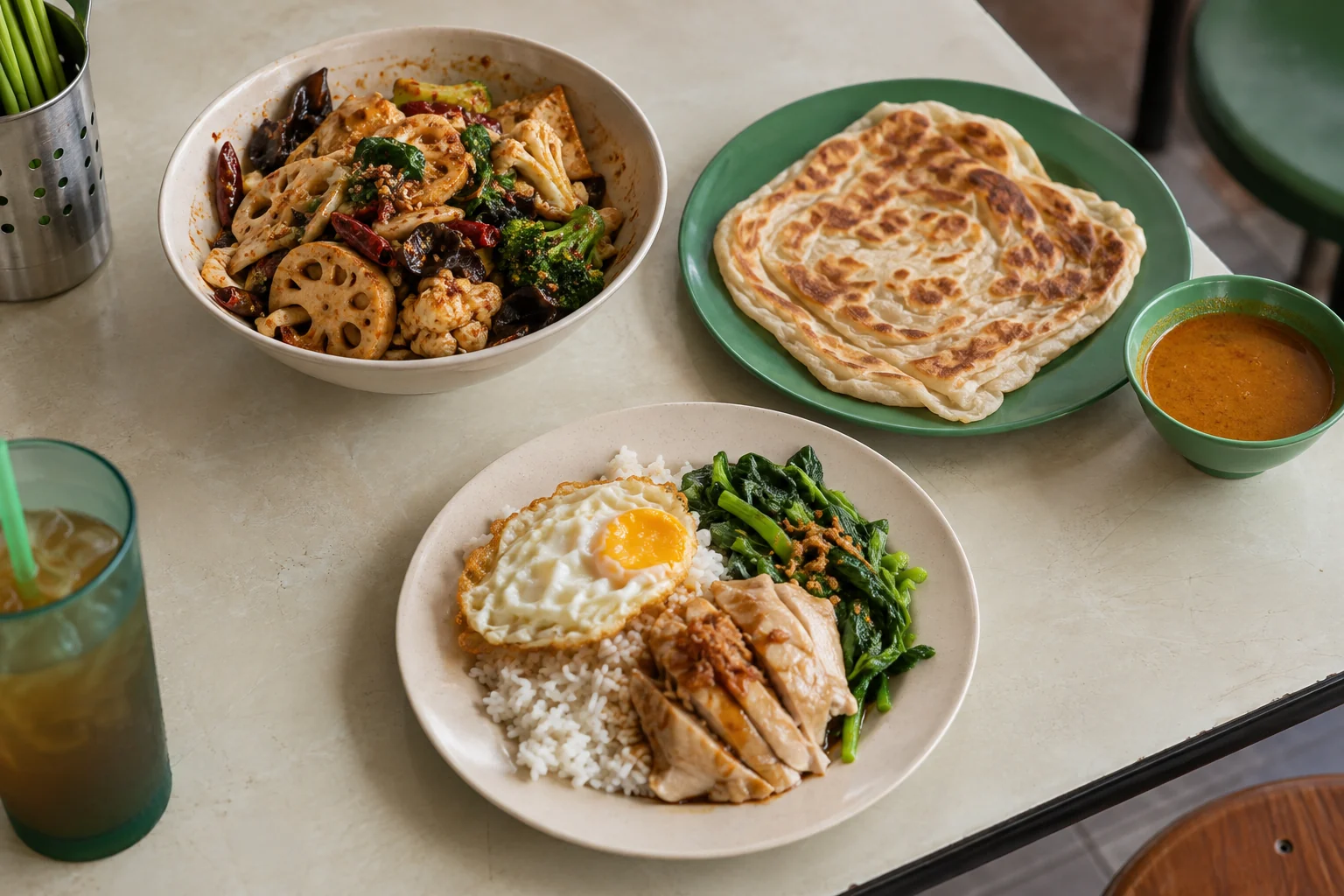 Mala, prata and mixed rice dishes arranged on a dining table.