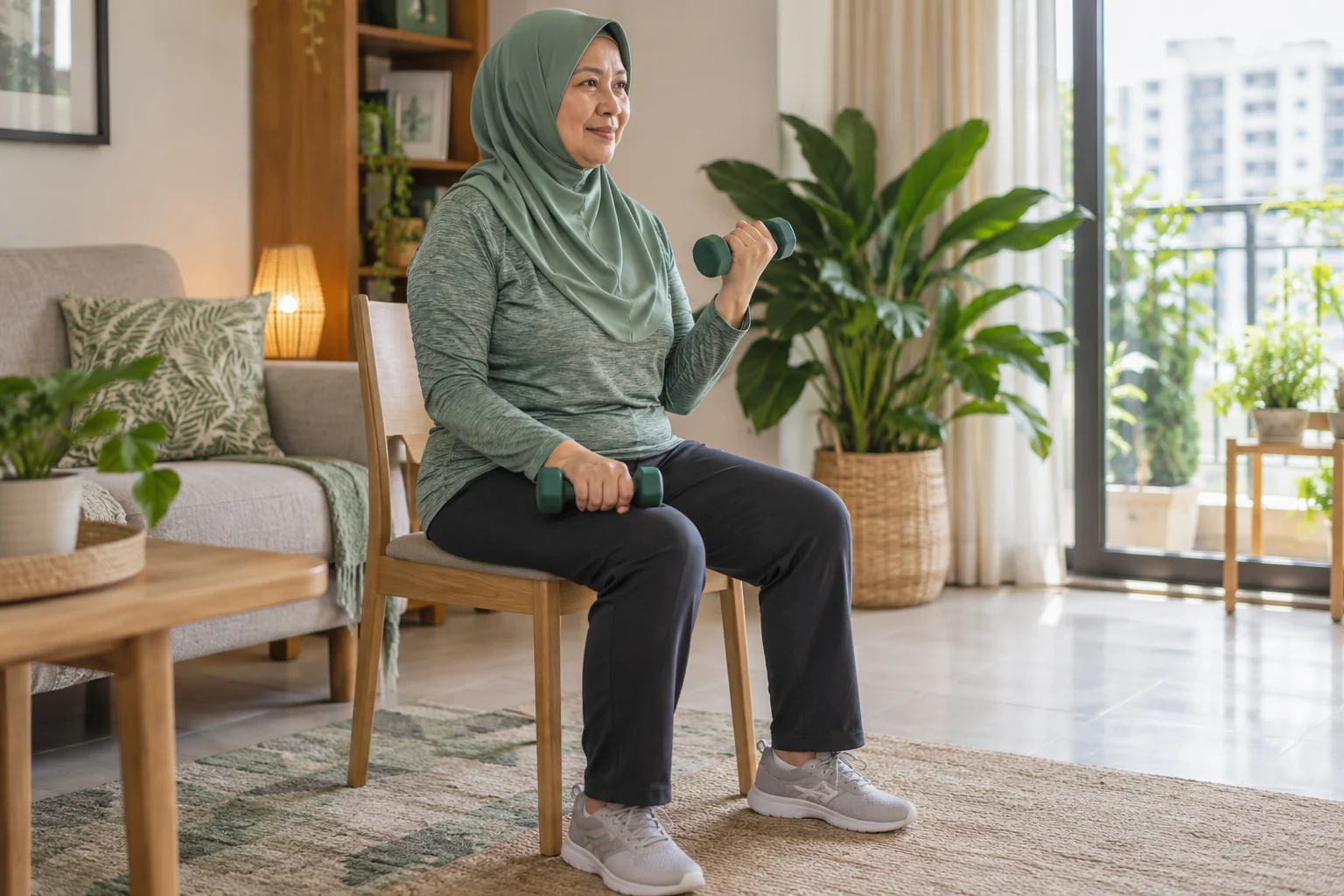 A middle-aged woman seated on a chair doing a light dumbbell curl at home.