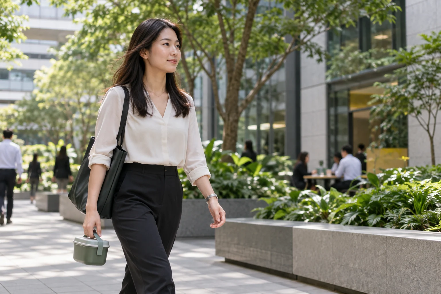 An office worker carrying a lunch container while walking outside in Singapore’s business district.