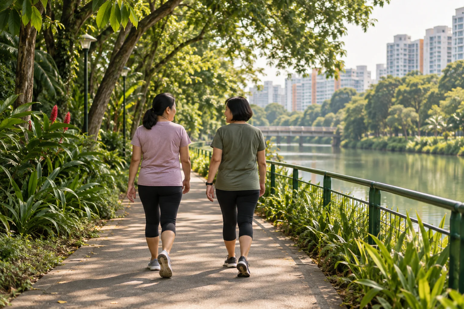 Two adults walking along a leafy Singapore park connector.