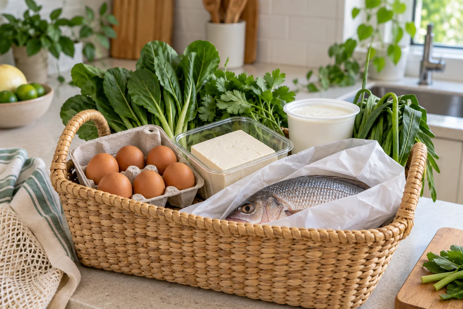 A grocery basket containing fish, eggs, tofu and yoghurt.