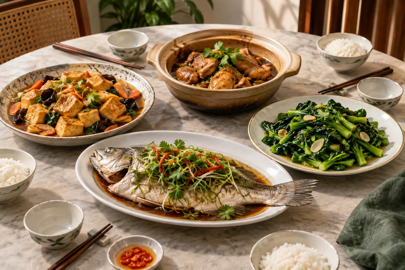 A shared zi char meal with fish, tofu and vegetables.